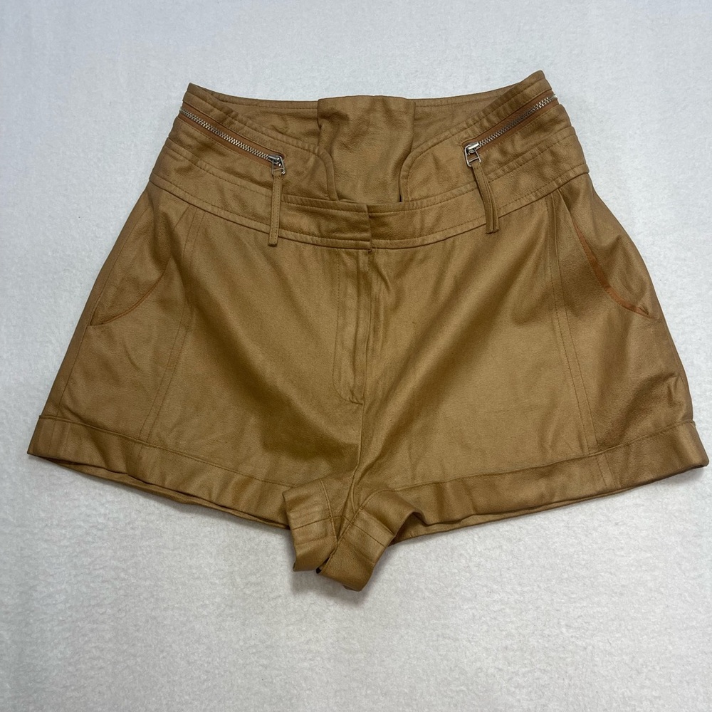 Plastic Island Tan Faux Leather Shorts S High Waist Zip Pocket Boho